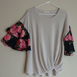 Floral Ruffle Sleeve Knotted Front Shirt
